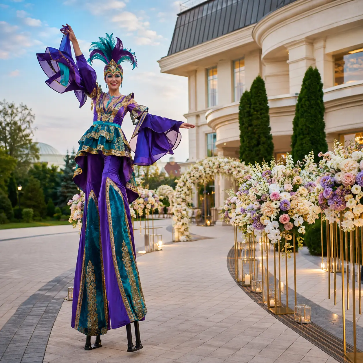 Interpret pe picioroange, în costum mov/turcoaz cu pălărie cu pene, la intrarea unui spațiu de evenimente.
